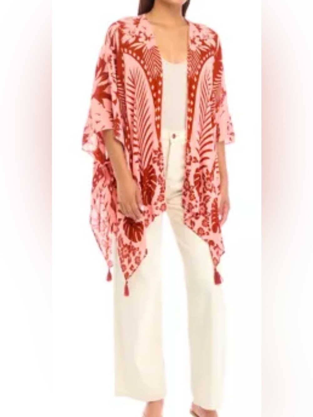 NEW Vince Camuto Tropical Print Kimono Tassels Open Cardigan Duster One Size